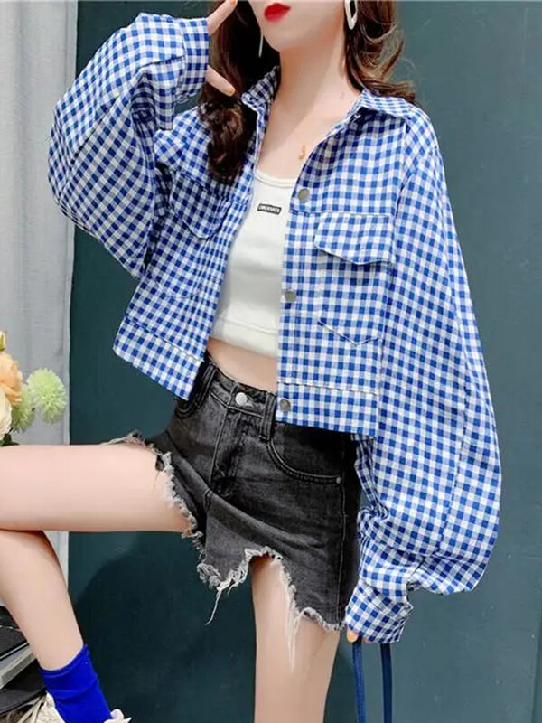 Jmprs-Camisa xadrez coreana vintage feminina, blusa solta de manga longa recortada, casual retrô gola virada para baixo, blusa Harajuku feminina, nova
