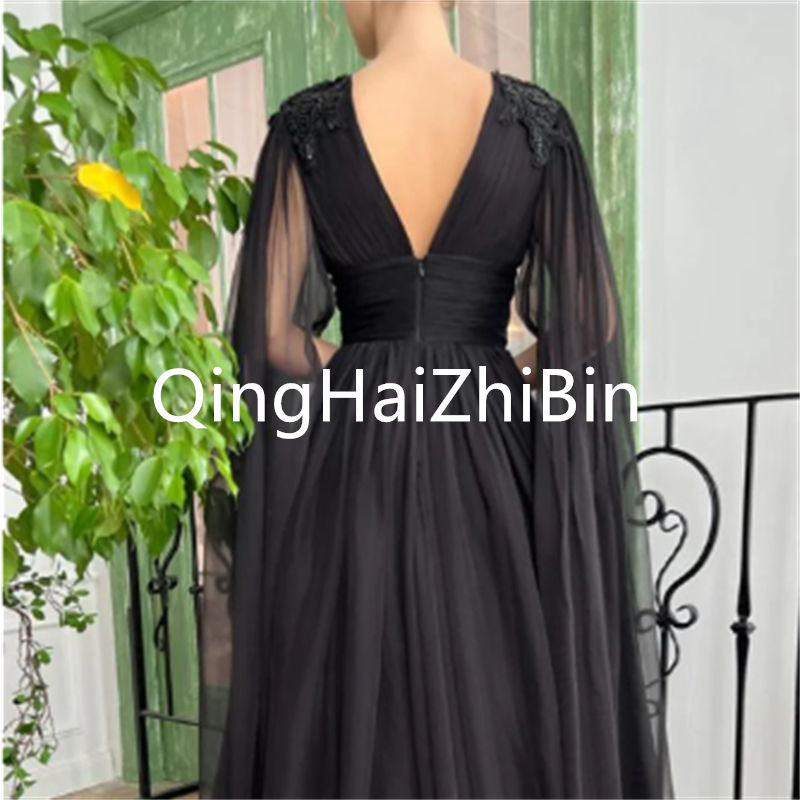 Sexy Side Split Evening Gown Princess Tulle A-line Prom Dresses Black Cape Floor Length Prom Dress