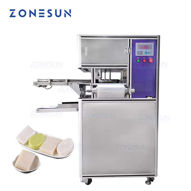 ZONESUN-máquina automática de envasado de jabón hecho a mano, embalaje de película elástica de PE, ZS-PK980, Cuadrado redondo