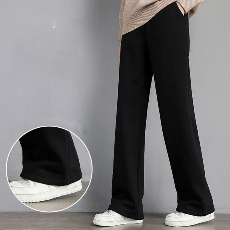 Повседневные однотонные брюки, зимние женские брюки с флисовой подкладкой, широкие брюки с высокой талией и эластичным поясом, уютный стильный свободный вид