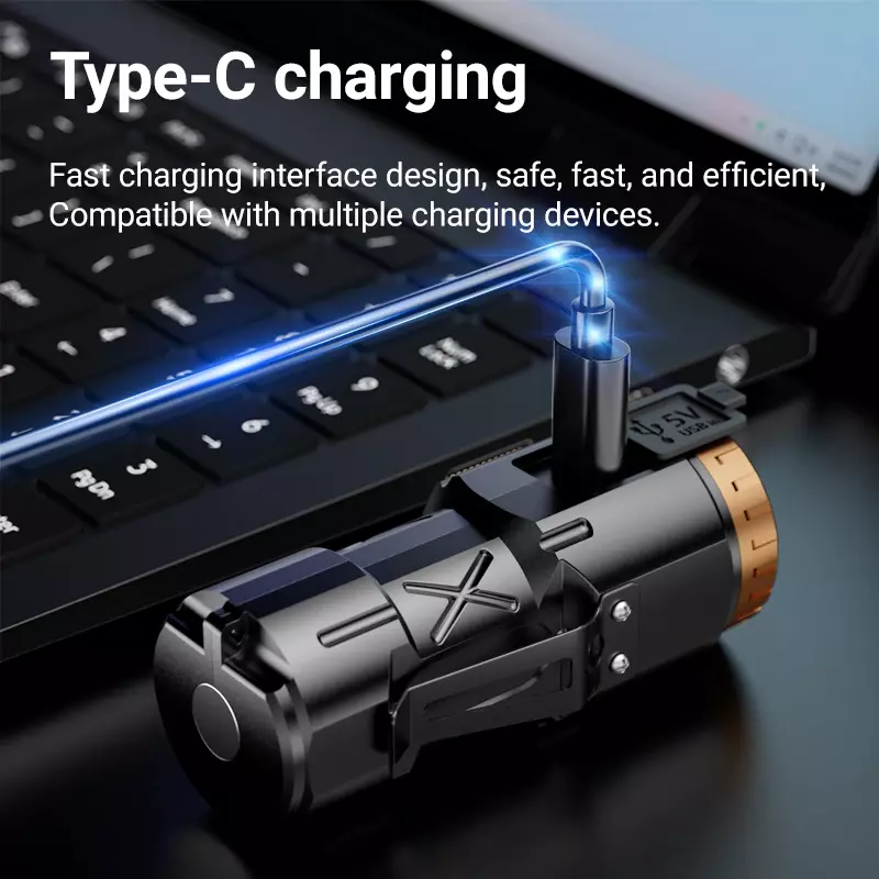 Senter Mini LED daya tinggi USB portabel, Senter berkemah luar ruangan, lentera memancing dengan lampu samping dan Magnet ekor