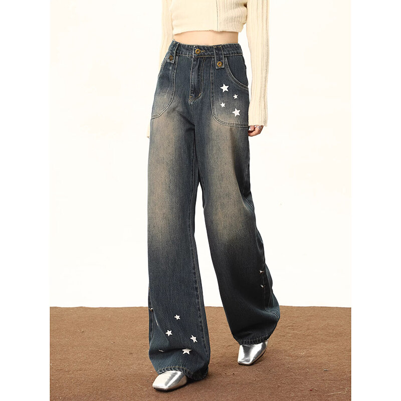 Женские джинсы, новинка 2023, модные повседневные джинсы с высокой талией, шикарные винтажные джинсы, прямые брюки, уличный стиль Y2k