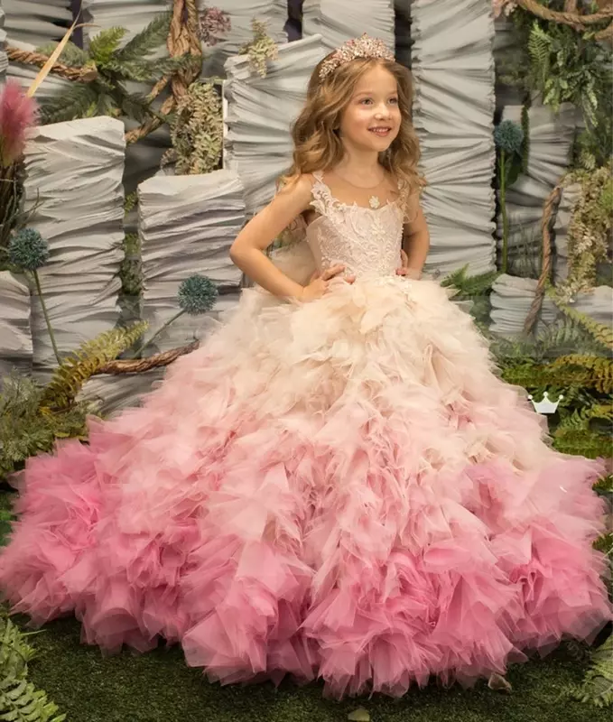 Розовое Кружевное Пышное Платье с цветочным принтом для девочек, милое платье для девочек на день рождения, свадьбу, вечеринку для малышей