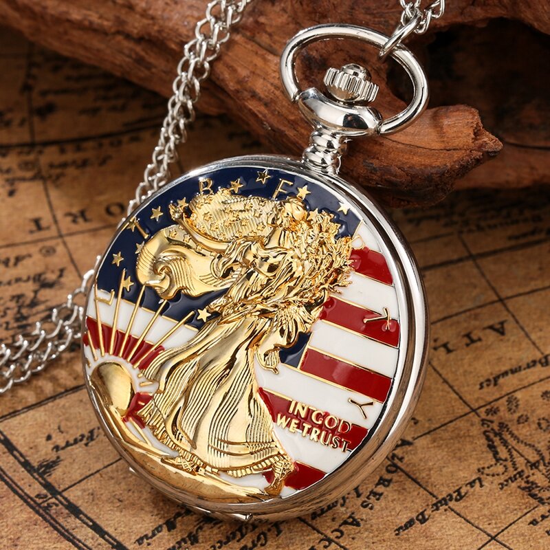 Reloj de bolsillo de cuarzo con diseño de la bandera americana de la Estatua de la libertad dorada de lujo superior, cadena colgante, collar, joyería, regalos