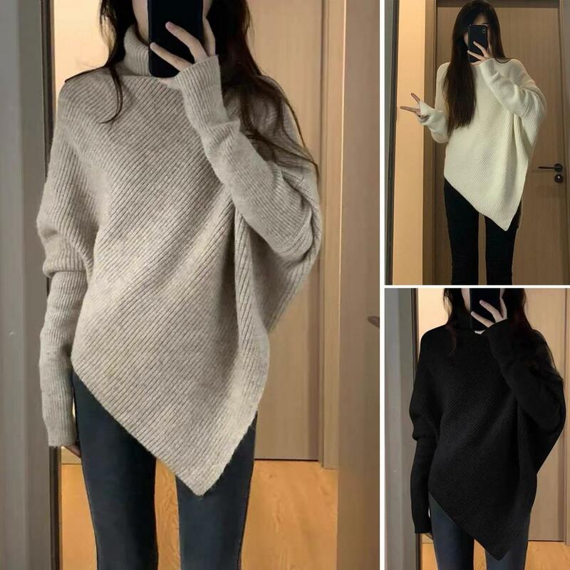 Women Loose Style Sweater Cozy High Collar Bat Sleeve Sweater for Women Warm Soft Irregular Hem Pullover with Elastic Loose Fit