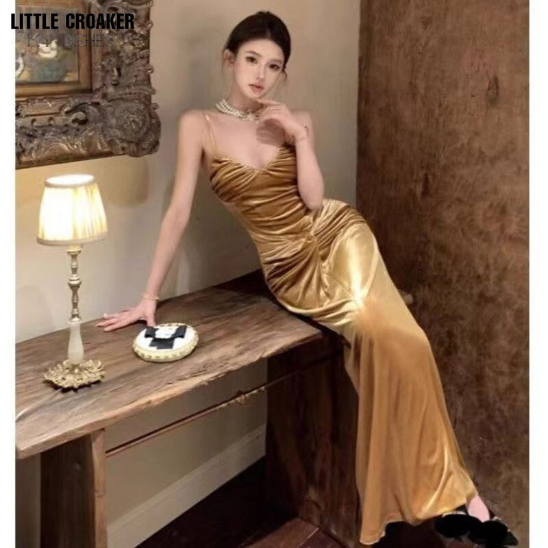 Vestido de noche con tirantes finos fruncidos para mujer, elegante bata larga Formal de lujo, color dorado