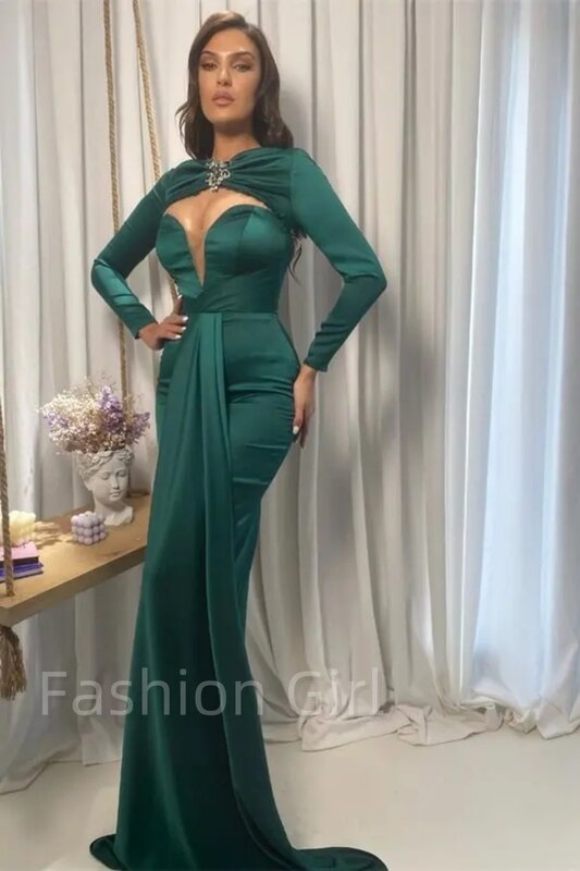 فستان سهرة من الساتان الأخضر العميق ، تصميم فريد ، كم طويل ، طول أرضية حورية البحر ، فستان حفلة موسيقية ، مناسبات رسمية ، مخصص