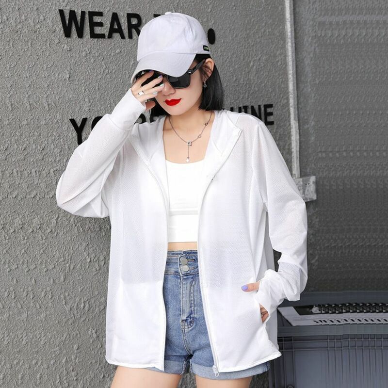 Solid Color Women Sunscreen Hoodie Summer Long-sleeved Ice Silk UV Protection Shirt Thin Breathable Thin Jacket Women