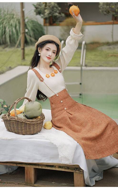Set pakaian Retro Korea wanita, dua potong pakaian atasan rajut + rantai manik-manik modis