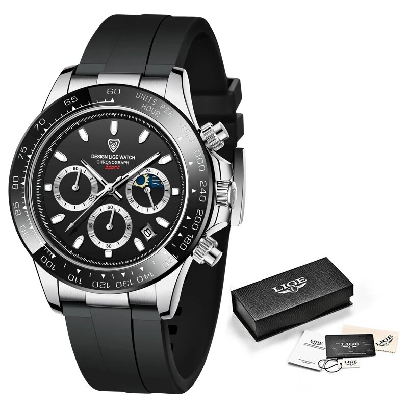 LIGE-Relógio de pulso quartzo impermeável masculino, Relógios de luxo, Cronógrafo, Data, Silicone, Esporte, Caixa, Top Brand