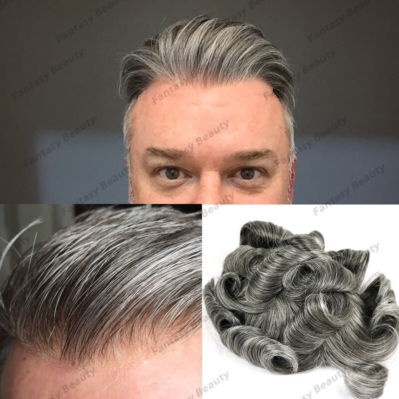 5x7 ukuran 1B65 rambut abu-abu 100% rambut manusia pria rambut palsu alami Q6 Swiss renda & PU dasar pria wig penggantian Unit sistem rambut