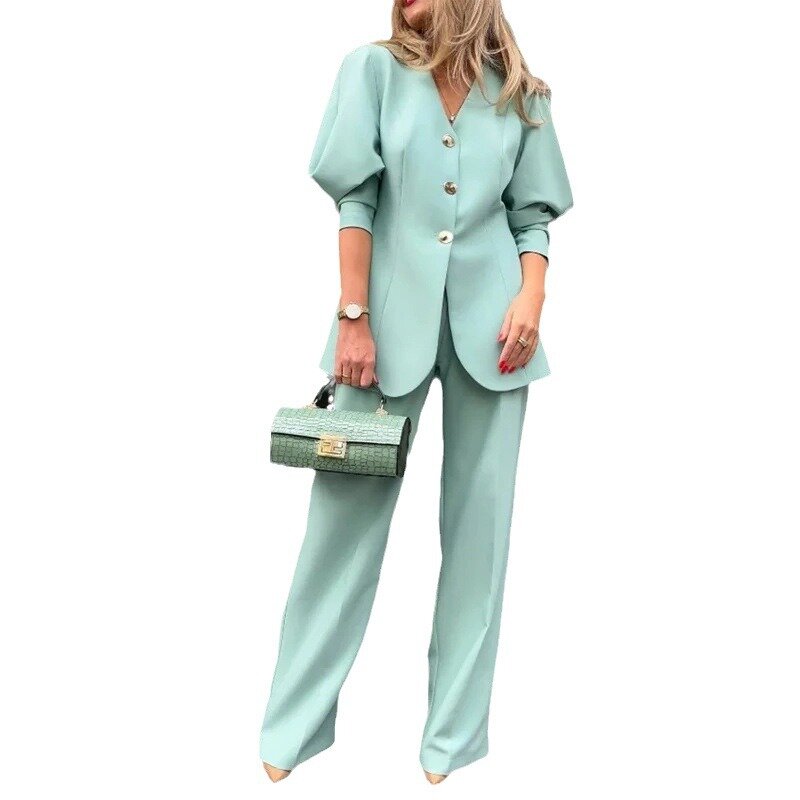 Элегантный комплект из брюк, женская зеленая рубашка, топ, прямые брюки, комплект из двух предметов, рубашка, Рабочий костюм из двух предметов Y2k