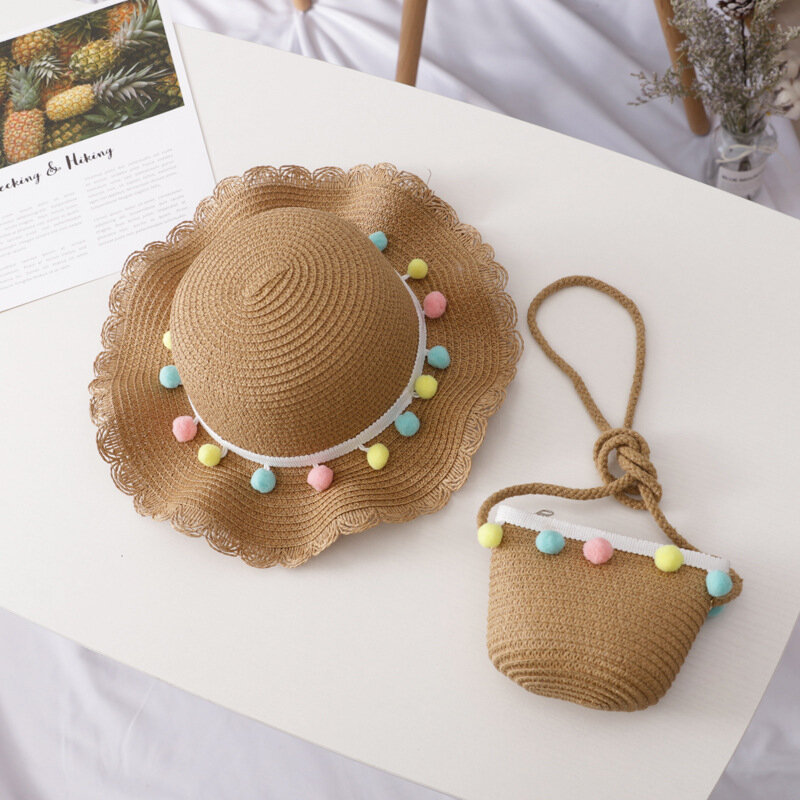 ชุดกระเป๋าหมวกฟางทรงลูกบอลสีสันสดใสขนาดเล็กสำหรับเด็กผู้หญิงหมวกสานระบายอากาศได้ดีสำหรับฤดูร้อน