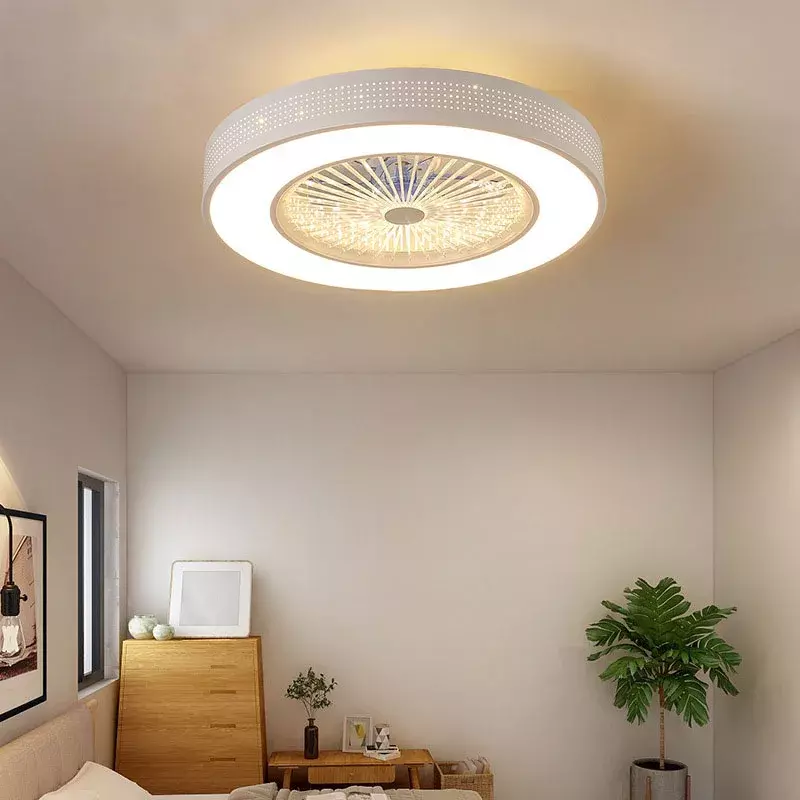 Kipas langit-langit Modern dengan lampu putih dicat, lampu kipas LED akrilik besi dapat diredupkan untuk kamar tidur ruang tamu kipas Remote Control