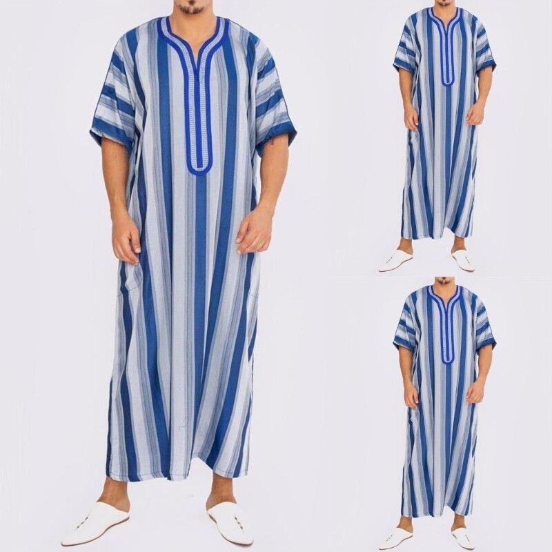 Мужской халат с коротким рукавом в полоску, мусульманское платье на Ближний Восток, Jubba Thobe, Саудовский Арабский кафтан, кафтан, традиционная мусульманская одежда