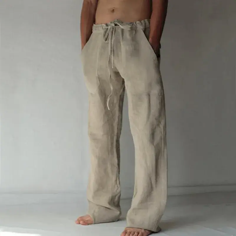 Pantalones informales rectos con múltiples bolsillos para hombre, ropa de lino de Color sólido, transpirable, cómoda, suelta, con cordón, talla grande, Verano