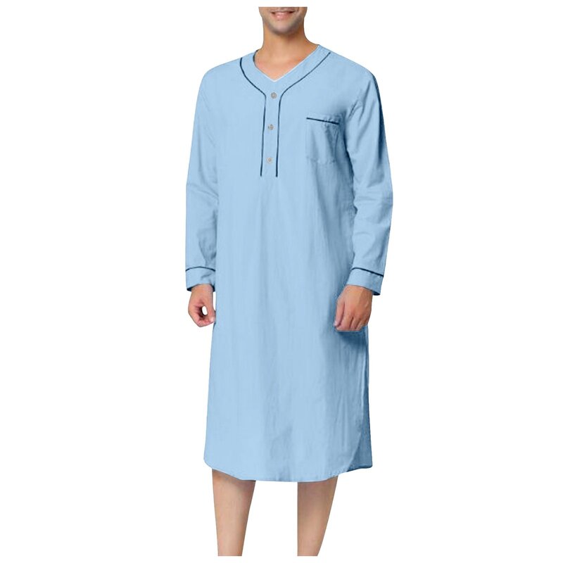Men V-Neck Linen Muslim Islamic Robe Casual Long Sleeve Pocket Loose Nightgown Robe Saudi Arabia Kaftan Home Abaya Sleep Robe
