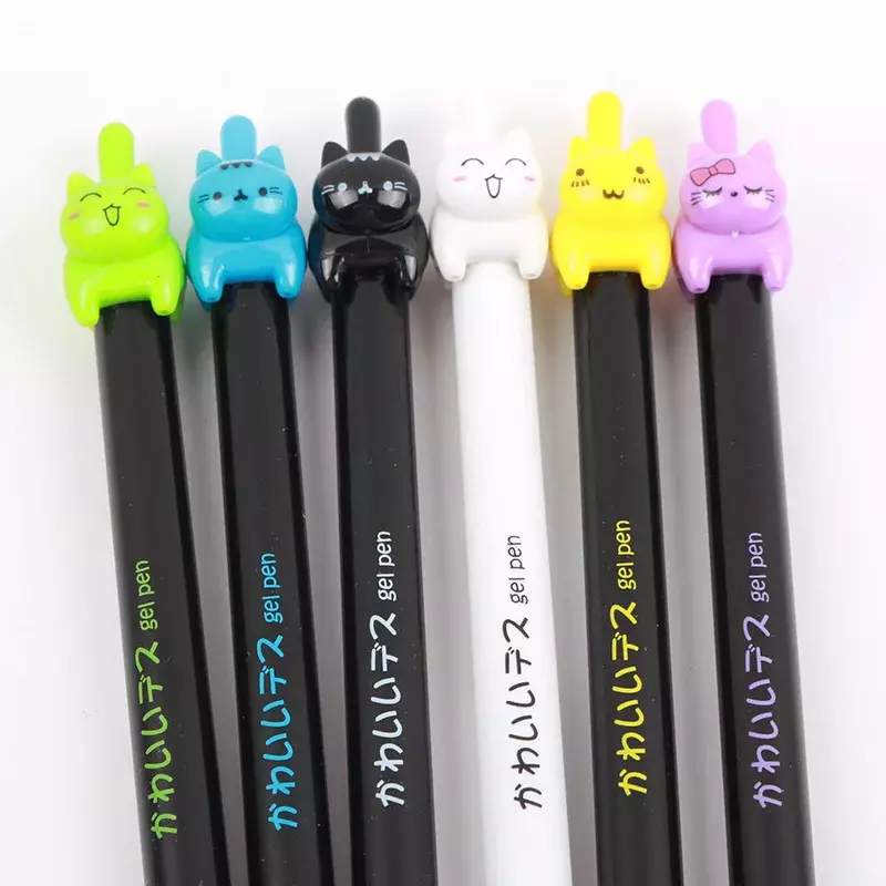 Bolígrafo de Gel de cola de gato negro Kawaii, bolígrafo automático para escribir, papelería de oficina, suministros escolares, estilo de prensa, 0,5mm, 6 unidades por lote