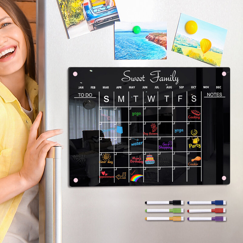Placa magnética preta do memorando do acrílico, Etiqueta apagável do refrigerador, Placa semanal do memorando do plano, presentes do miúdo