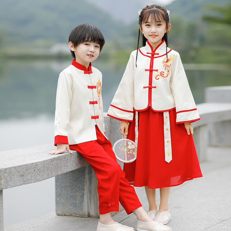 Boy And Girl Spring Autumn New Oriental Dragon Hanfu Dress Chinese Style Embroidery Two Piece Suit Performance Role Play Costume