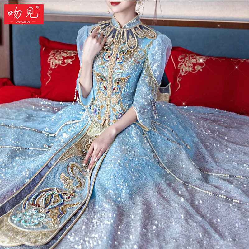 Summe Chinese Traditional Wedding Dress Blue Sequins Pearl Classic Cheongsam China Qipao костюм для восточных