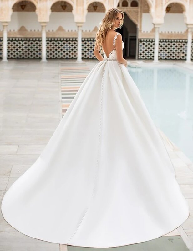 Robe de mariée trapèze en satin pour femme, robe de mariée bohème, appliques en dentelle, superbe, mesure personnalisée, sexy