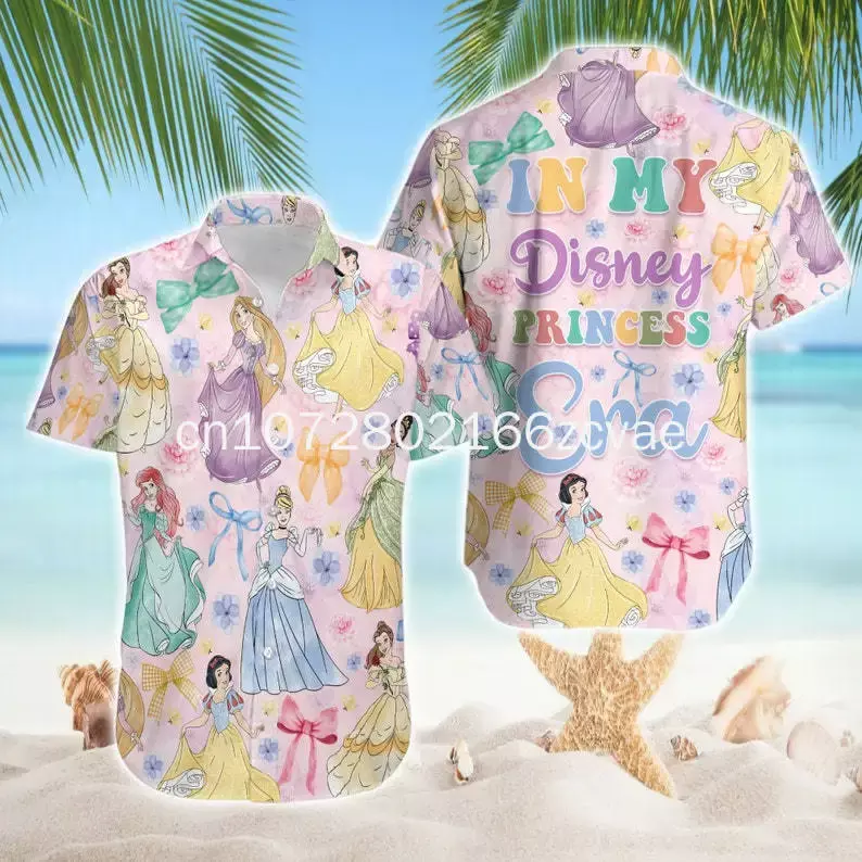 Новинка 2024, гавайская рубашка для Принцессы Диснея, мужские, женские, Детские рубашки с коротким рукавом, Гавайские рубашки Диснея, пляжные рубашки