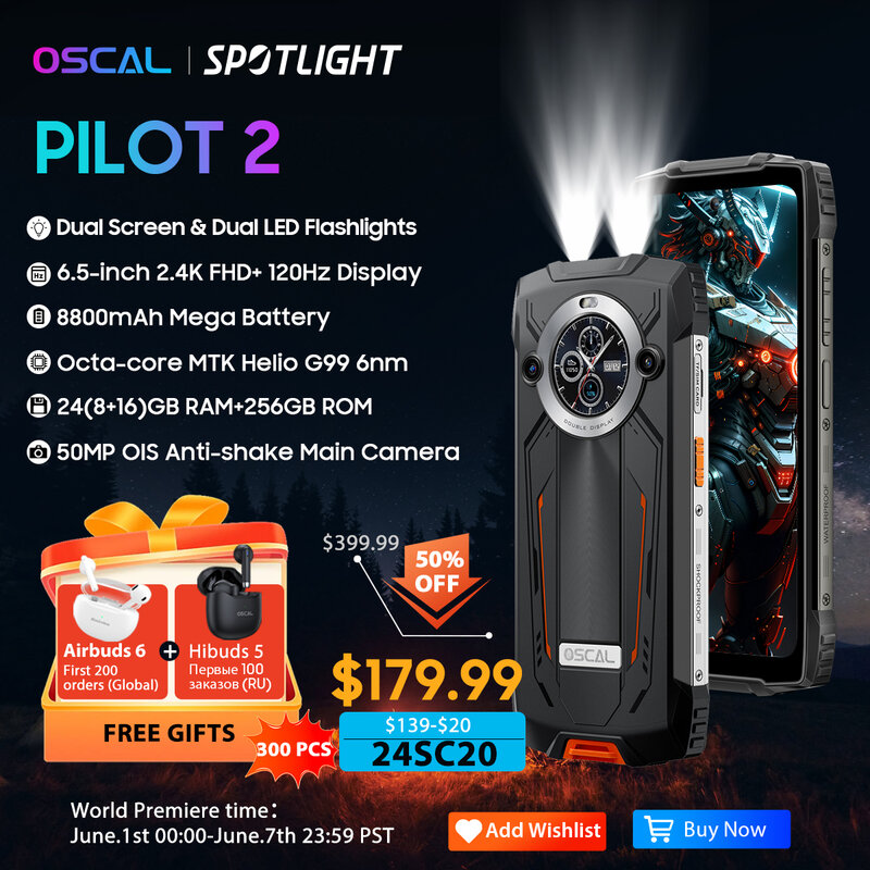 [World Premiere] OSCAL PILOT 2 Rugged Smartphone Helio G99 6.5-inch 120Hz 16GB 256GB Mobile Phone Dual LED Flashlights 8800mAh