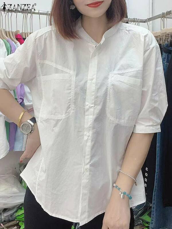 ZANZEA-Blusa de meia manga solta monocromática para mulheres, botões casuais com tops, túnica, camisa de trabalho, verão, 2022