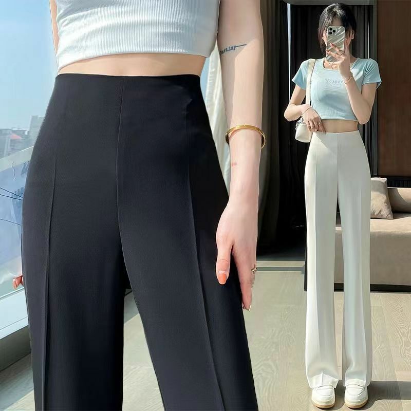 FjWomen's Straight-Pantalon d'été sexy pour femme, jj noir glacé, taille haute, style coréen, mode élégante, décontracté, été, 2023