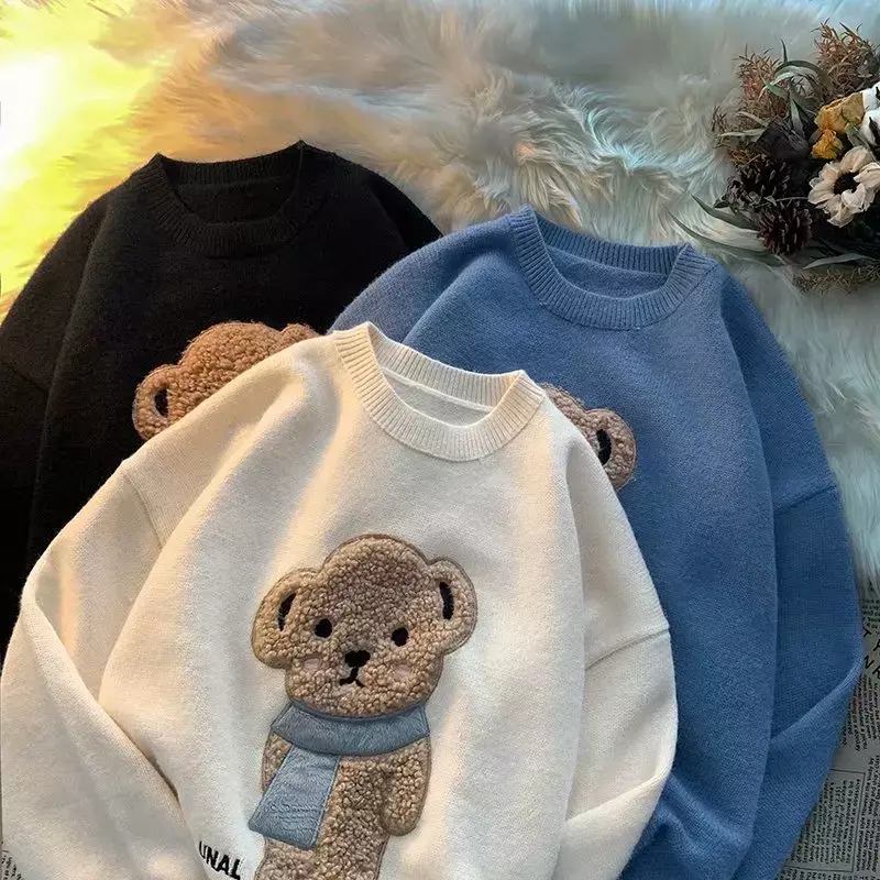 2023 Women Couple Pullovers Winter Cute Bear Jumpers Knitwear Sweater Harajuku Fall Round Collar Loose Pullovers Oversized Tops