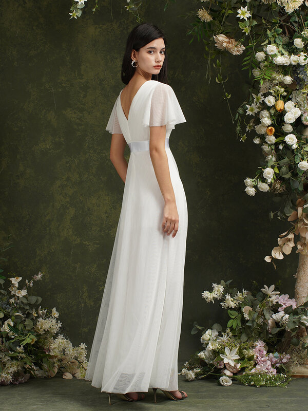 MisShow Flare Sleeve Pastrol Women Maxi Dress 2023 tanie sukienki ślubne suknia ślubna klasyczne plisowane biust satynowe szarfy kobieta