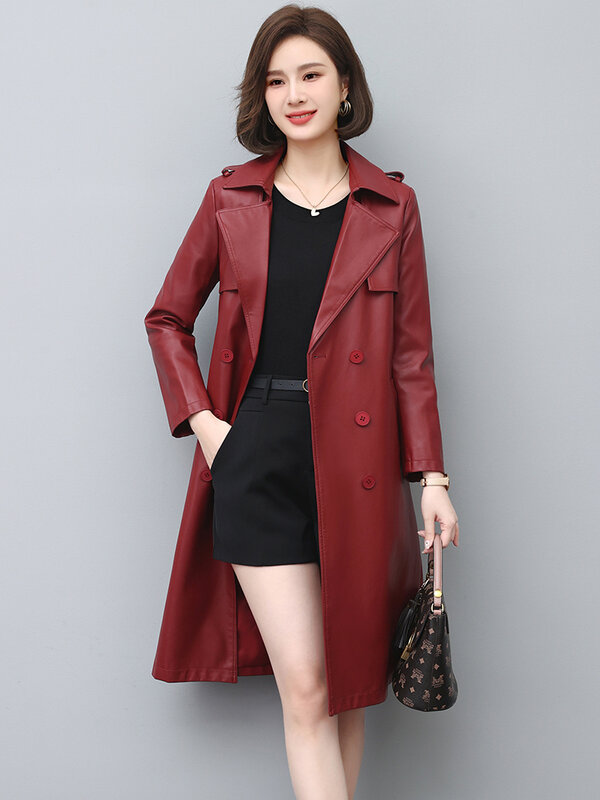 New Women Leather Trench Coat Spring Autumn Fashion Casual Double Breasted Belt Slim Sheepskin Coat Split Leather Long Outerwear