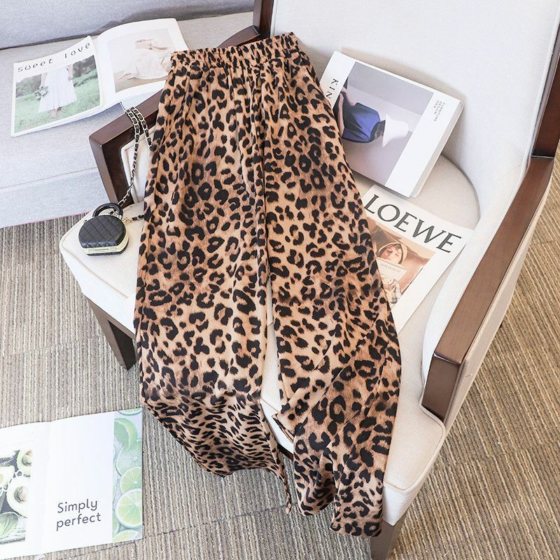 Houzhou-Calças femininas de perna larga com estampa de leopardo, cintura alta, solta, casual, vintage, Y2K, Harajuku, verão, 2024