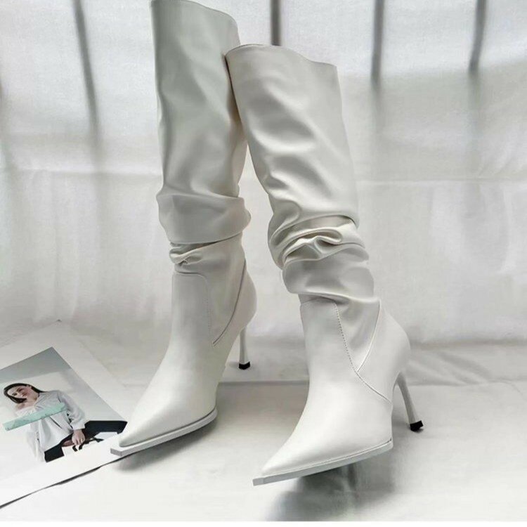 New Pointed Pleated High Barrel Boots For Women in Autumn Trendy Thin Heel Stacked Boots High Heel Below Knee Long Barrel Boots