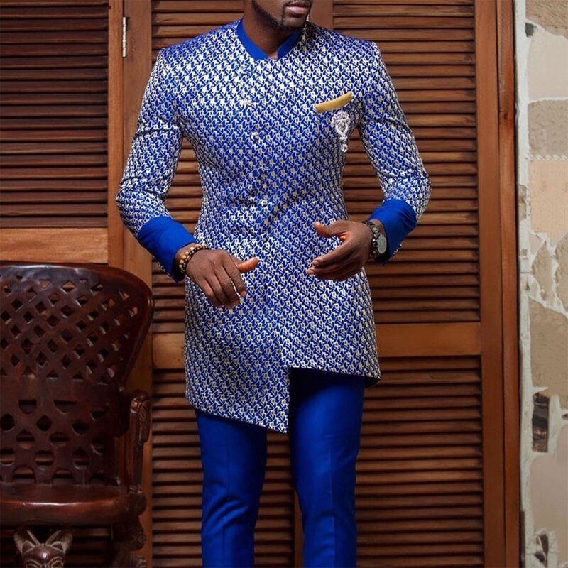 Homem de manga longa africano dashiki tradicional azul impresso botão para baixo camisas casual estilo étnico gola camisa superior dxaa