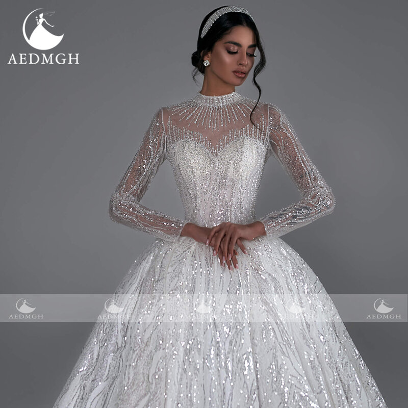 Aedmgh-Lace lantejoulas vestido de baile gola alta, vestido de noiva manga comprida, lindos vestidos de casamento, trem brilhante, 2024