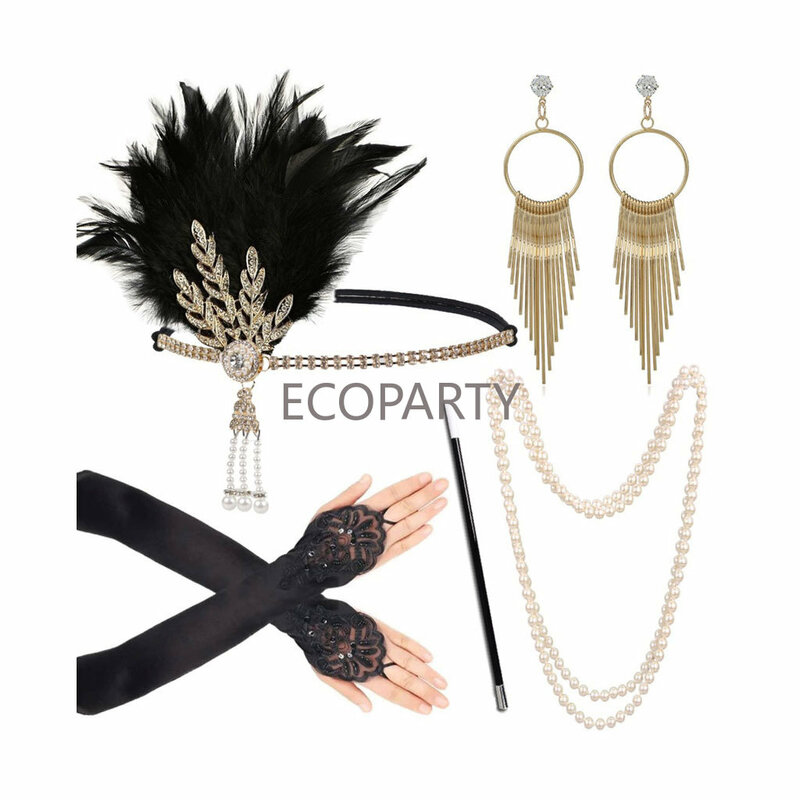1920s Women Vintage Flapper Gatsby Costume Accessories Set 20s Headband Pearl Necklace Gloves Cigarette Holder Anime Earring Set