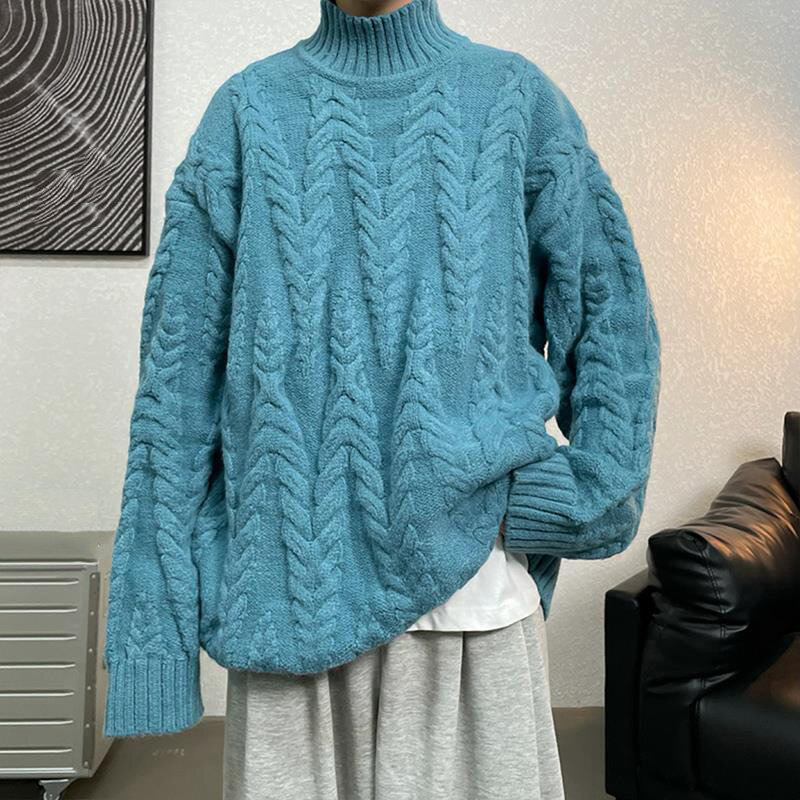 Suéter de flor torcida meio gola alta masculino, suéter quente casual solto coreano, pulôver de malha grossa masculino, simplicidade, inverno