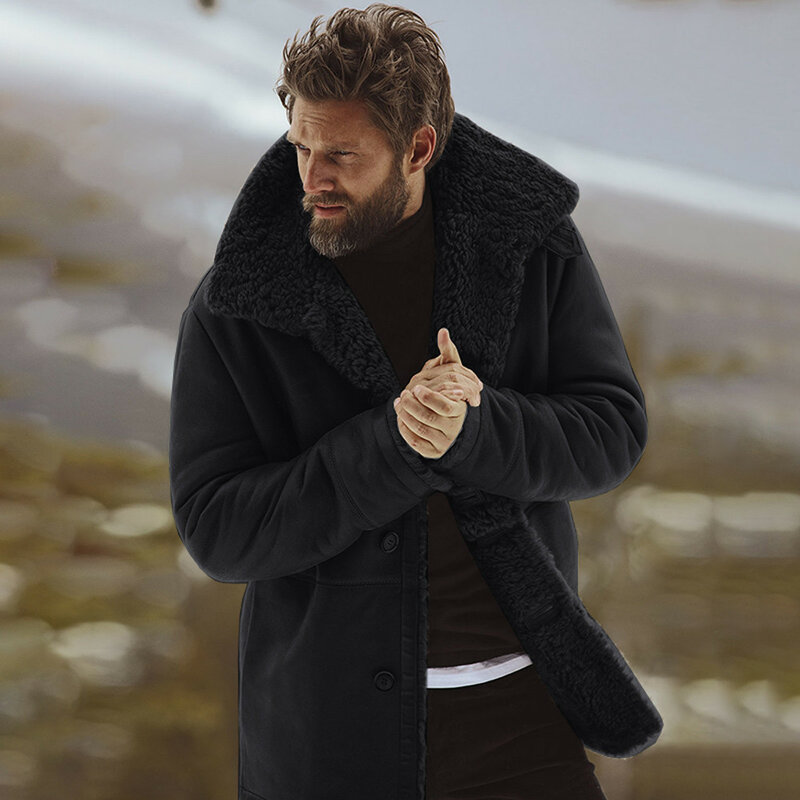 Jaket kulit domba hangat pria, mantel wol luar ruangan, jaket longgar gunung musim dingin
