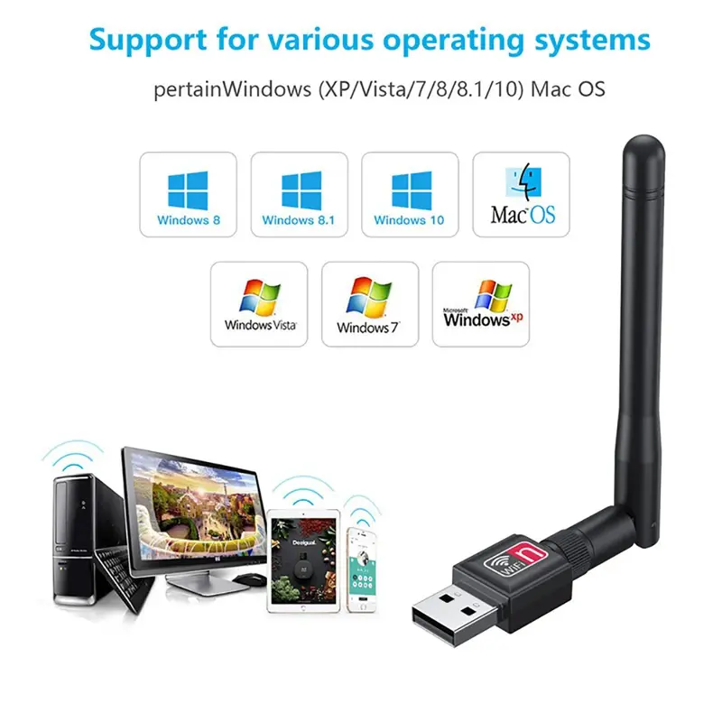 Mini adaptateur WiFi USB 150Mbps, carte réseau sans fil 8188 B /g/n 5db, récepteur de signal d'antenne, dongle pour PC portable Windows