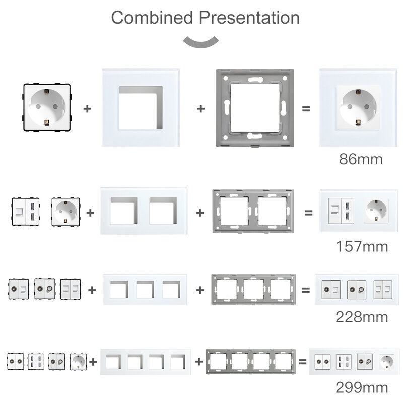 BSEED-Panel de vidrio blanco con enchufe de Internet, piezas de función de TV ST CAT5 RJ45, enchufe USB doble, enchufe de pared de la UE, combinación gratuita DIY