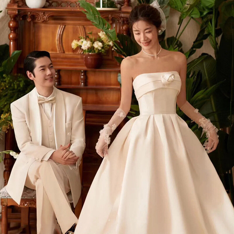 한국 새틴 라이트 웨딩 신부 웨딩 코르셋 가운, 우아한 로맨틱 여성 드레스, 웨딩 원피스 촬영