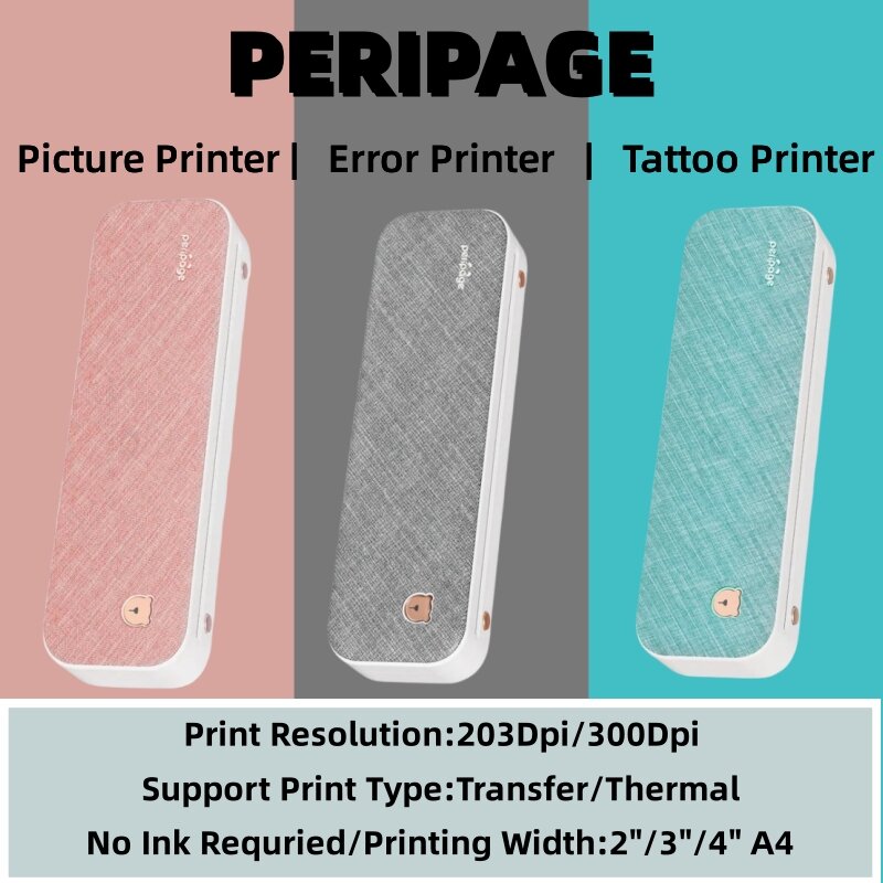Peripage printer A4 portabel printer tato Mini tinta bebas kertas termal nirkabel Bluetooth ponsel 203/304Dpi