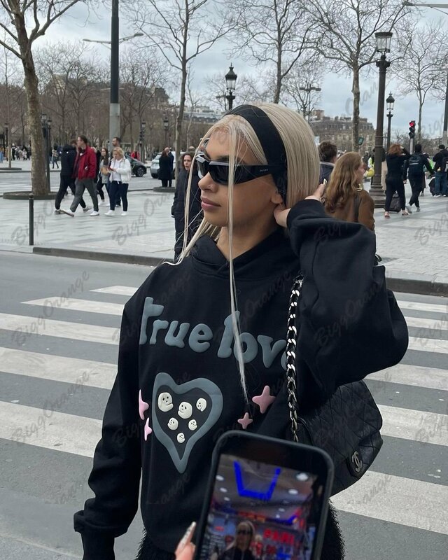 ผู้หญิง Goth Streetwear Grunge เสื้อผ้าใหม่ Harajuku Foaming 3D พิมพ์ Y2k เสื้อผ้าคู่เสื้อ Hoodies ขนาดใหญ่ Hoodie