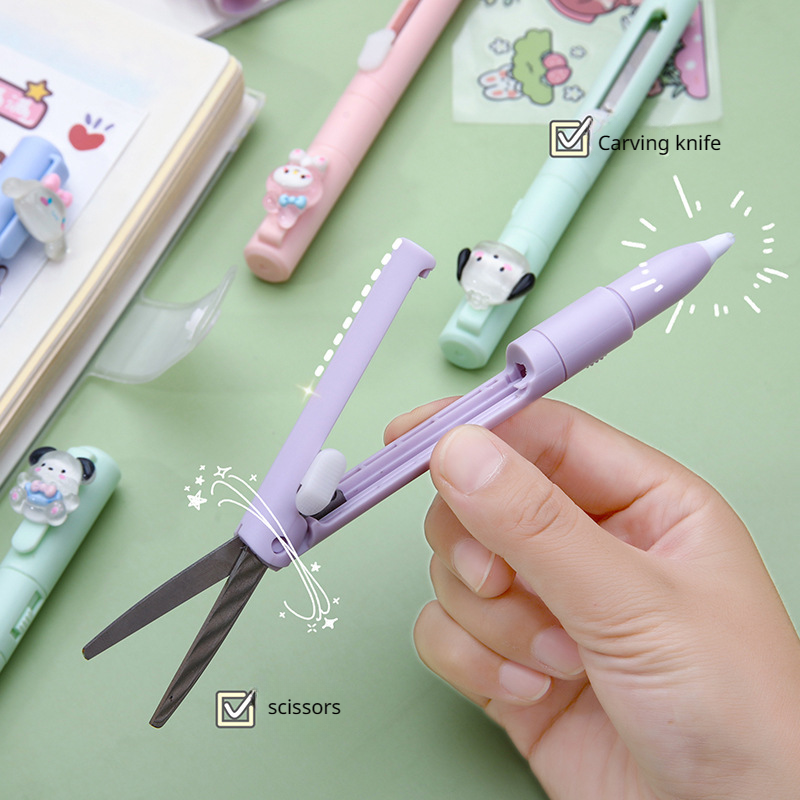1pcs Cute Cartoon Scissors with Folding Craft Knife Ceramic Pen Knife Safe Scissors for Students
