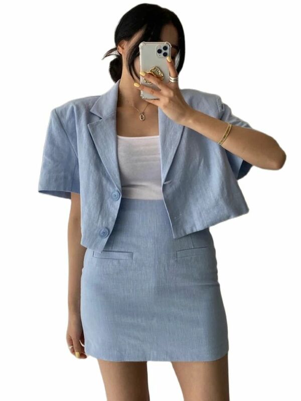 Женский офисный комплект из 2 предметов, свободный блейзер с коротким рукавом, короткий топ и облегающий мини-юбка, офисная одежда в Корейском стиле