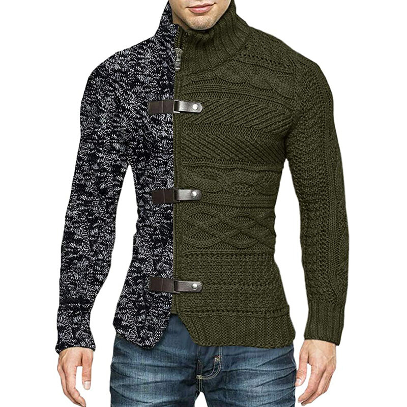 Turtleneck Cardigan Mens Sweater Autumn Winter Patchwork Jacket Vintage Male Knit Sweater Coat Zipper Knitted Sweater Slim Tops