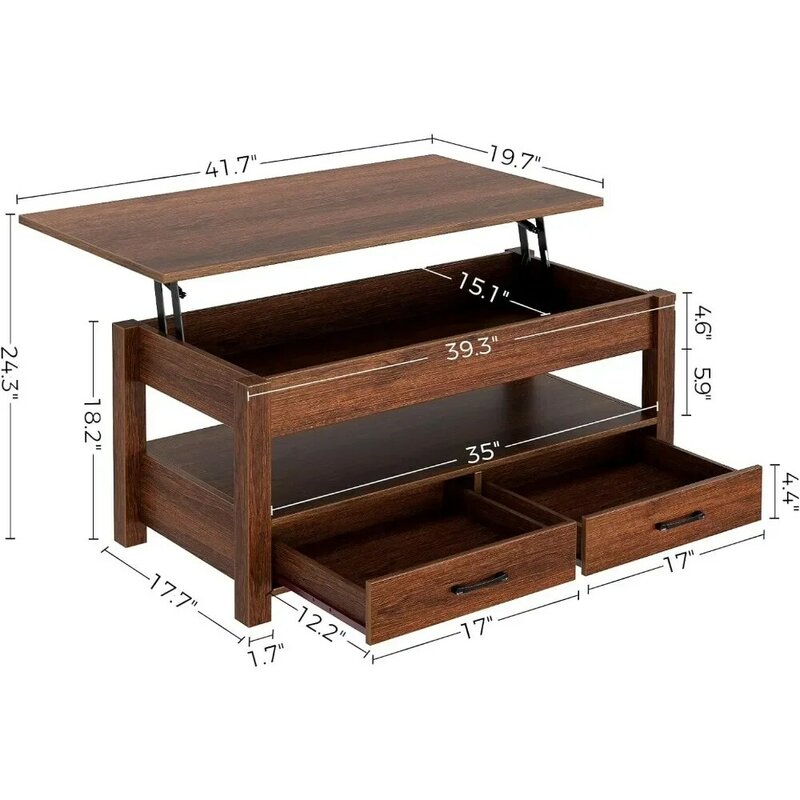 Tavolino da caffè, tavolino elevatore con cassetti e scomparto nascosto, tavolo centrale retrò con tavolo elevatore in legno