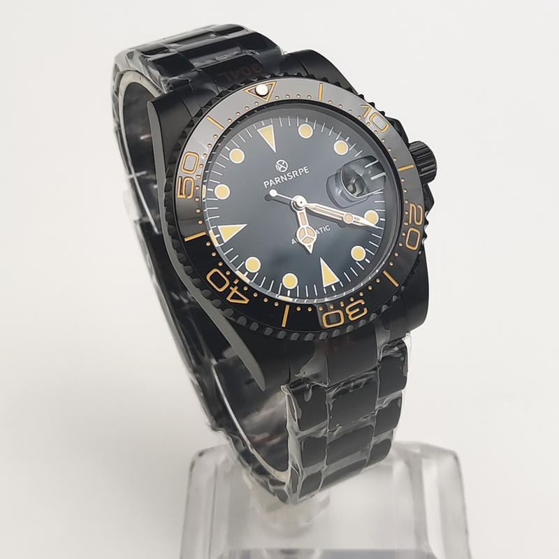 Relógio de aço inoxidável impermeável mecânico masculino, safira e vidro de ouro, PVD preto, movimento empresarial, China 2813
